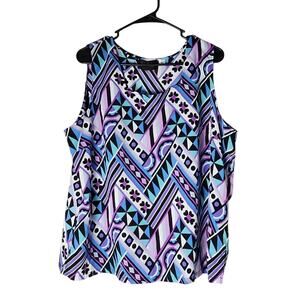 Bob Mackie Wearable Art Sleeveless Blouse Top Size XL Floral Purple Blue